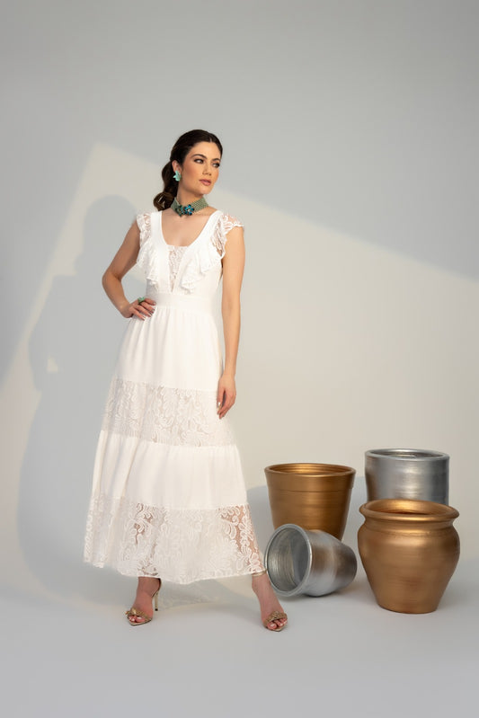 White Midi Detail Lace Dress
