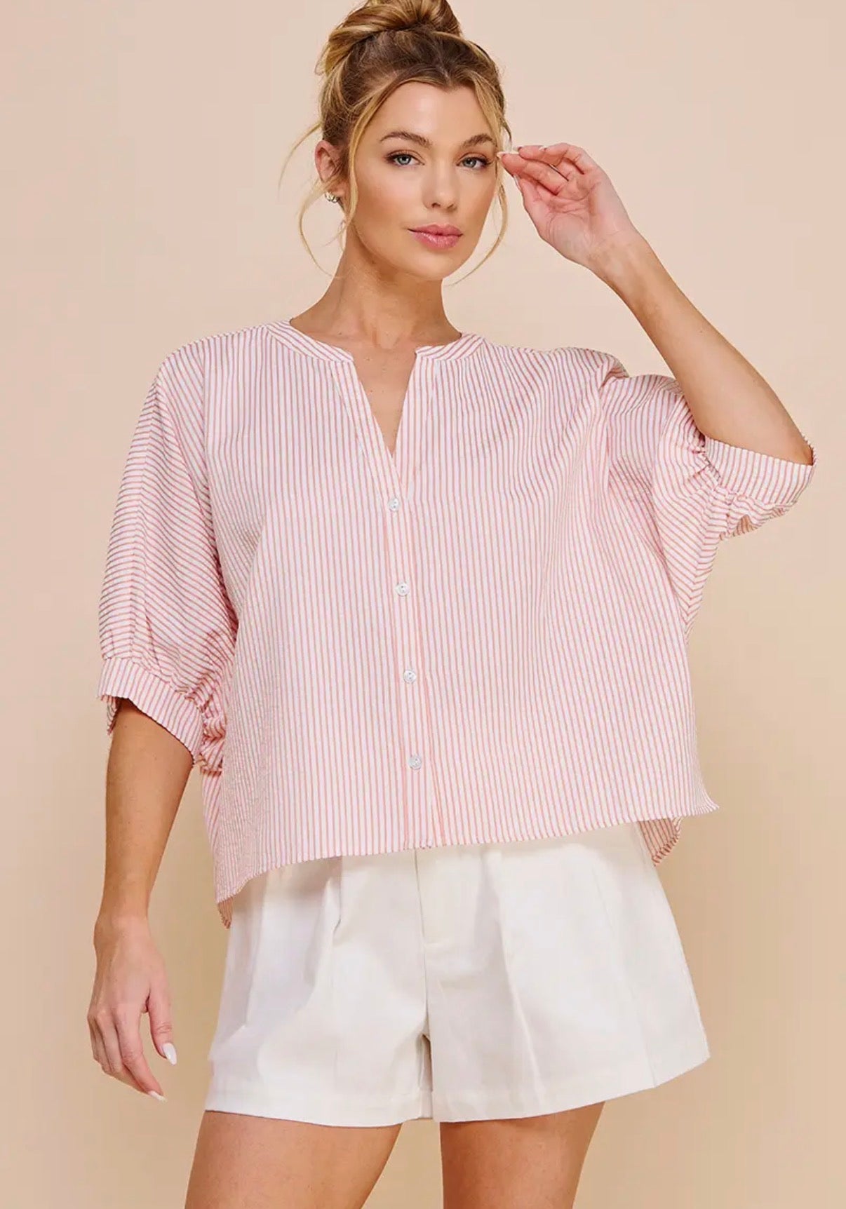 V neck stripped buttons top