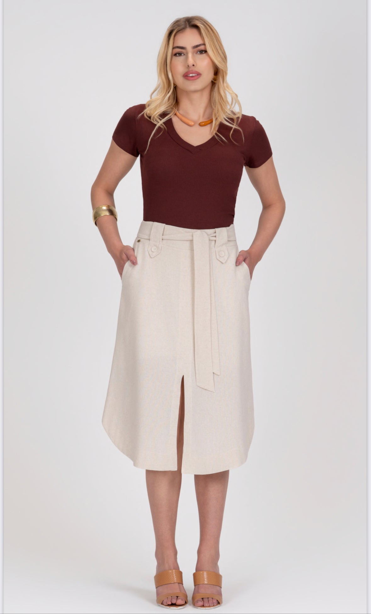 Beige Linen Skirt with Belt