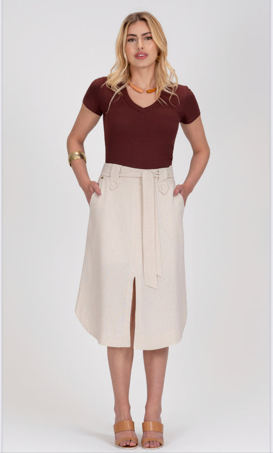 Beige Linen Skirt with Belt