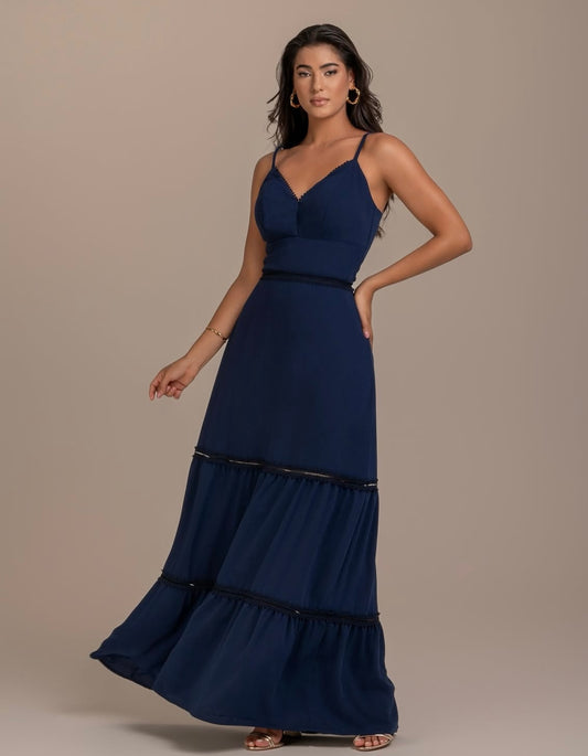 Long Linen Dress with Lace Detail